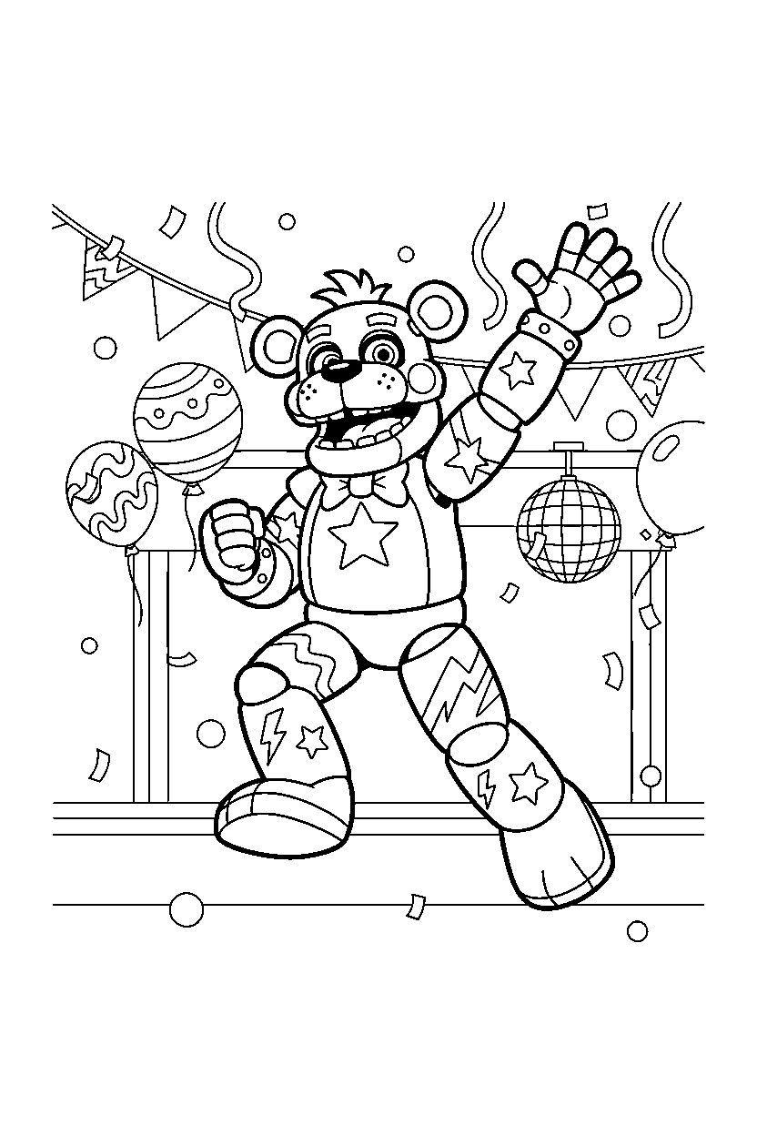 glamrock freddy fnaf animatronic jumping happily in a festive event room line art