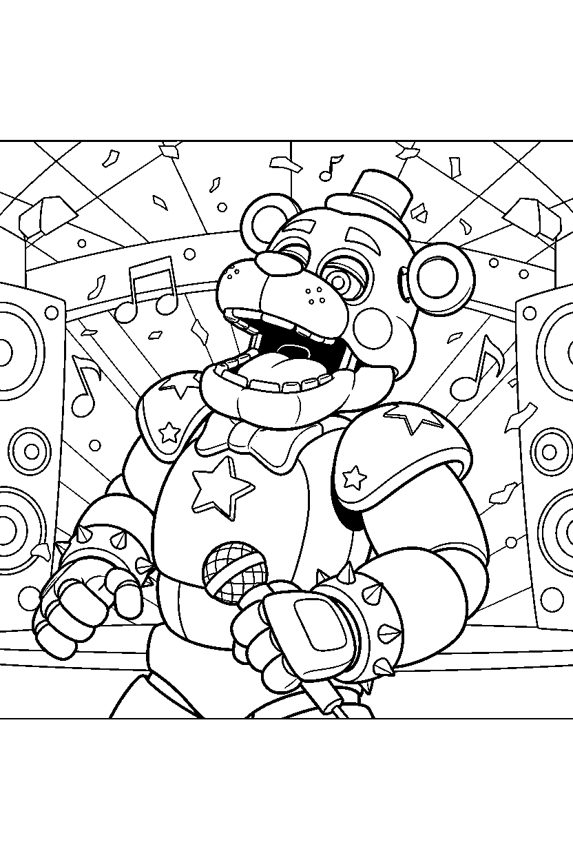 glamrock freddy fnaf animatronic laughing happily in a colorful entertainment hall line art