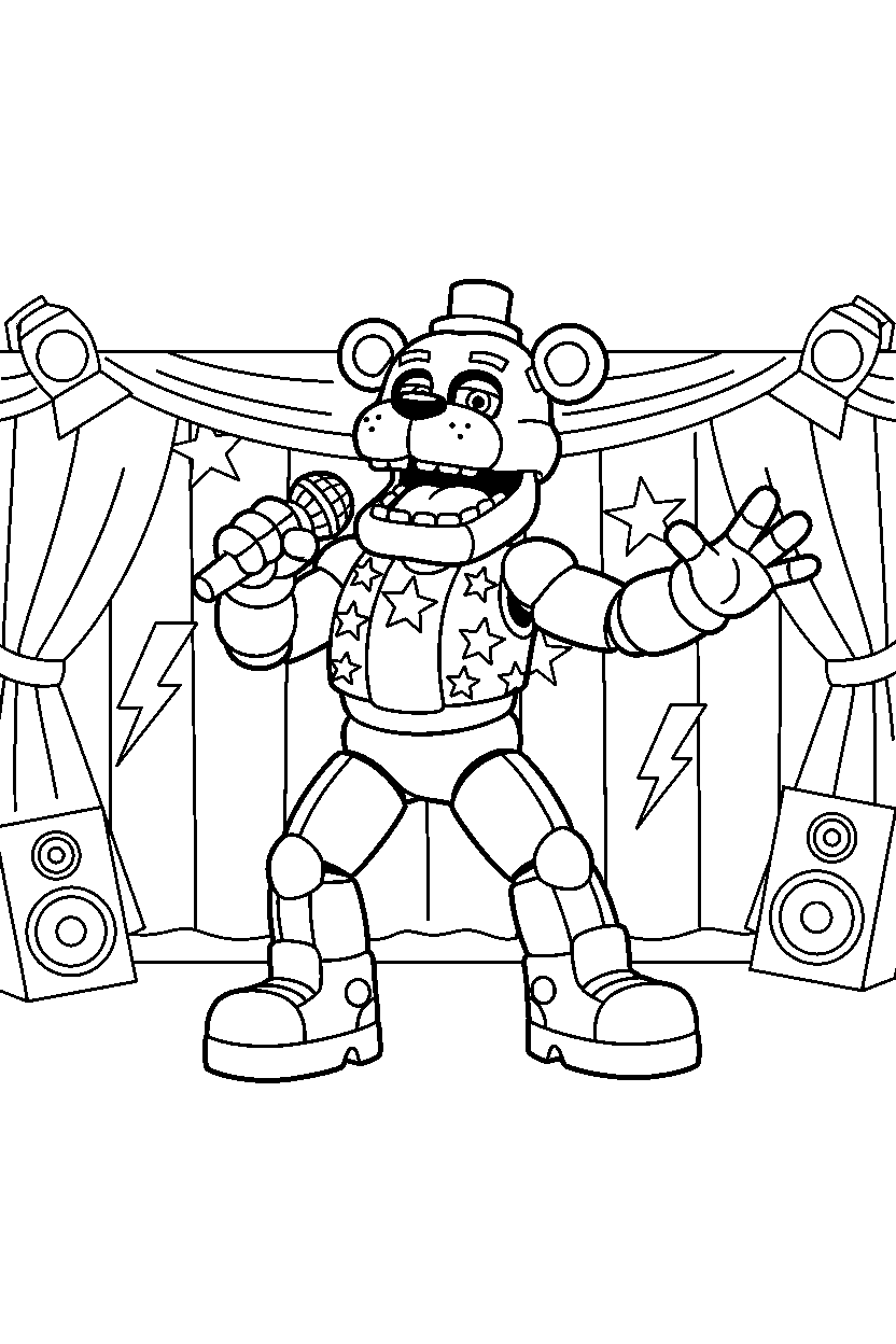 glamrock freddy fnaf animatronic singing on a performance stage line art