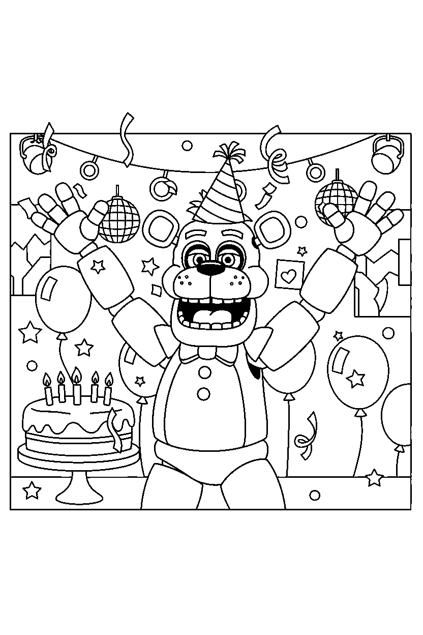 glamrock freddy from five nights at freddy s celebrating happily in a colorful party hall line art