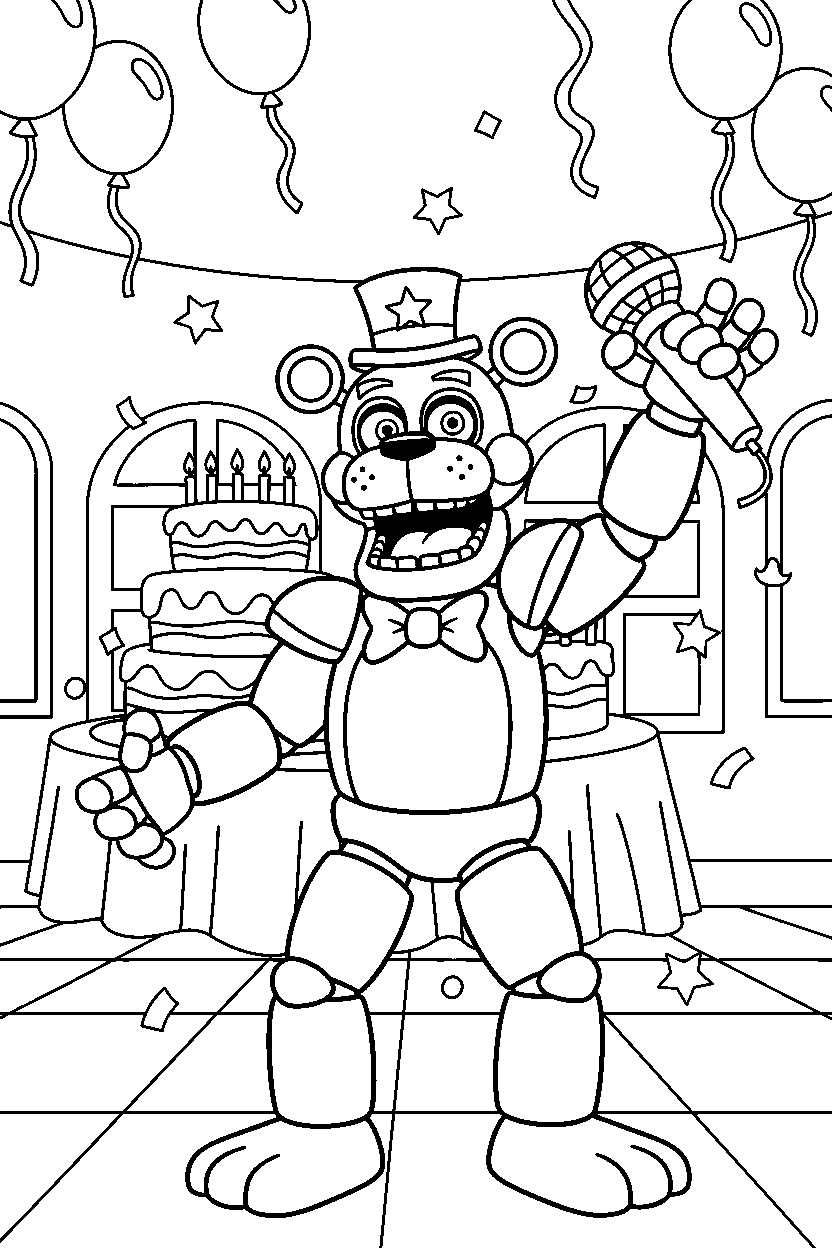 glamrock freddy from five nights at freddy s celebrating happily inside a cartoon party hall line art