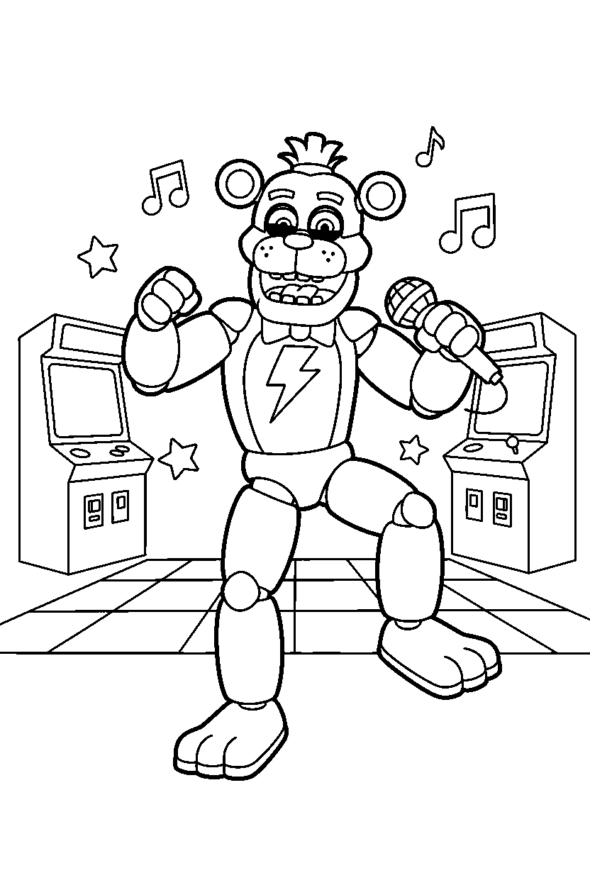 glamrock freddy from five nights at freddy s dancing happily in a bright game arcade line art