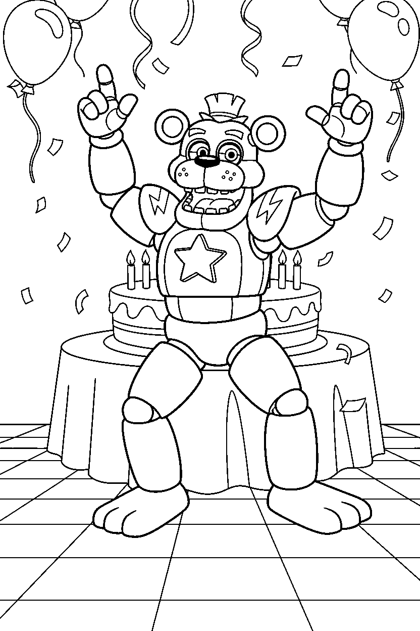 glamrock freddy from five nights at freddy s dancing happily in a decorated party room line art