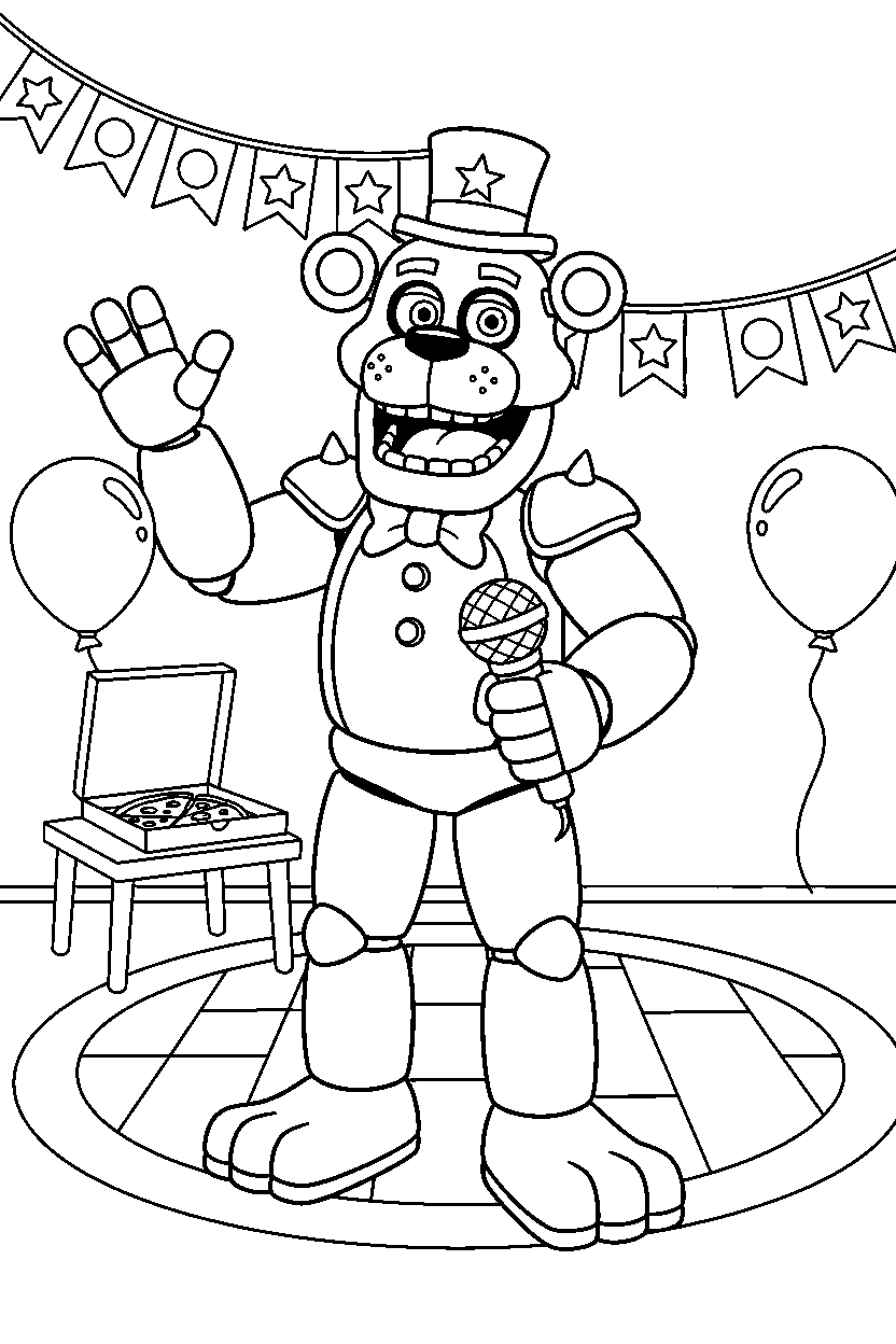 glamrock freddy from five nights at freddy s greeting happily in a decorated playroom line art