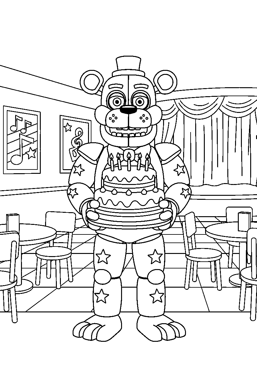 glamrock freddy from five nights at freddy s holding a cake in a pizzeria dining area line art