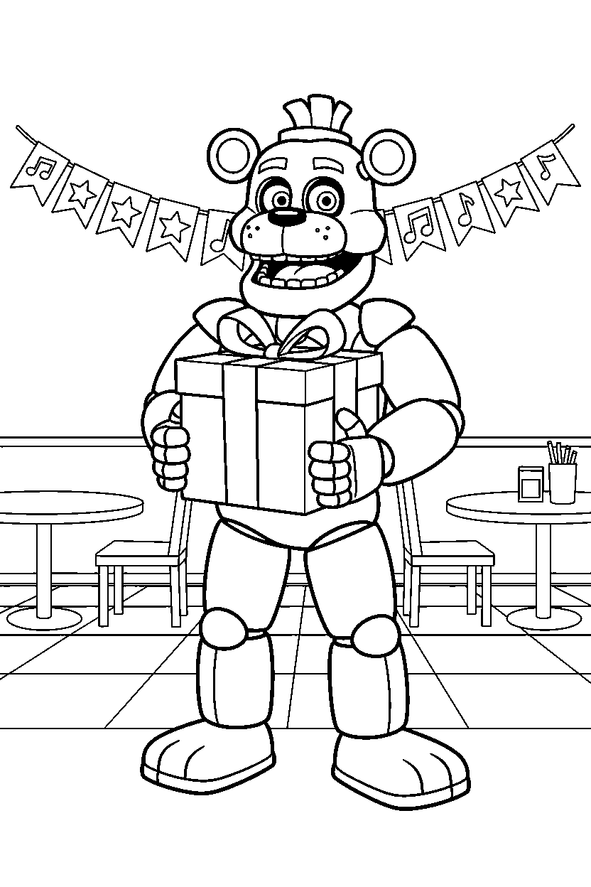 glamrock freddy from five nights at freddy s holding a gift box in a family restaurant line art
