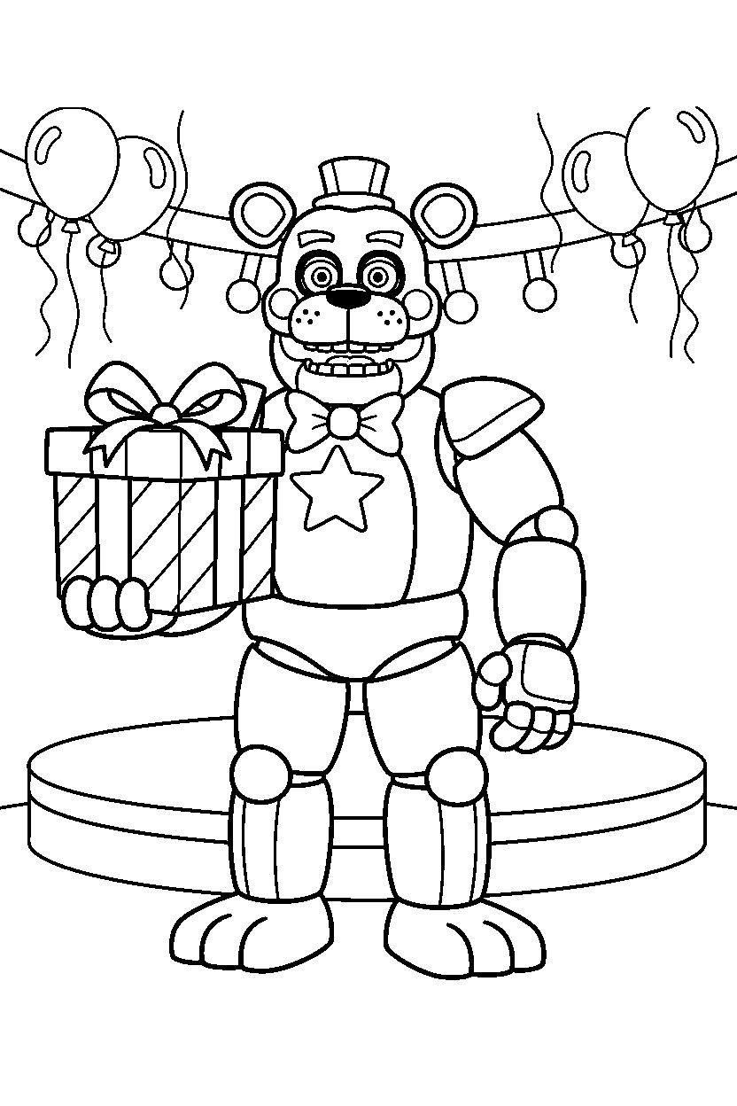 glamrock freddy from five nights at freddy s holding a gift box in a festive event room line art