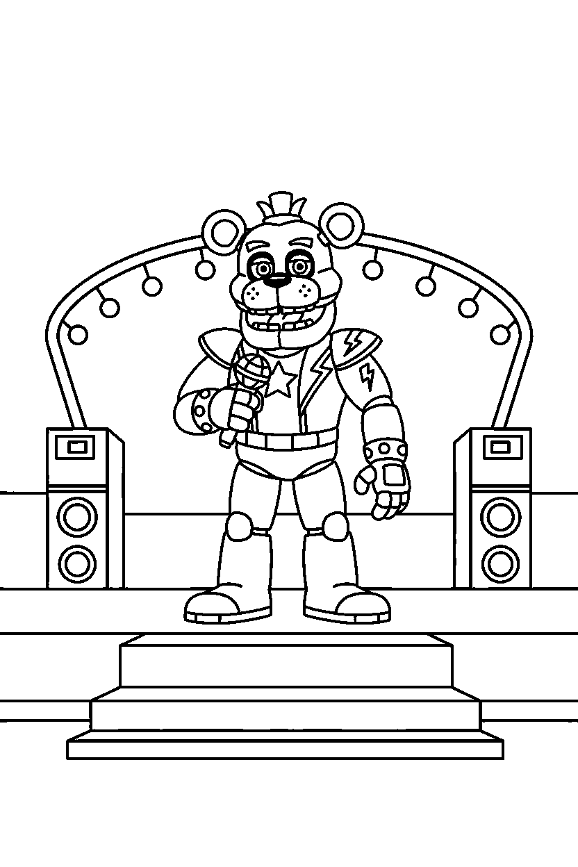 glamrock freddy from five nights at freddy s holding a microphone on a performance stage line art