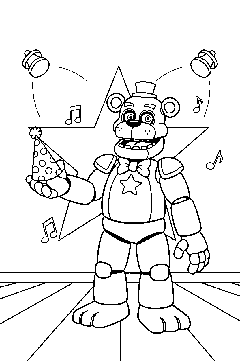 glamrock freddy from five nights at freddy s holding a party hat on a performance stage line art