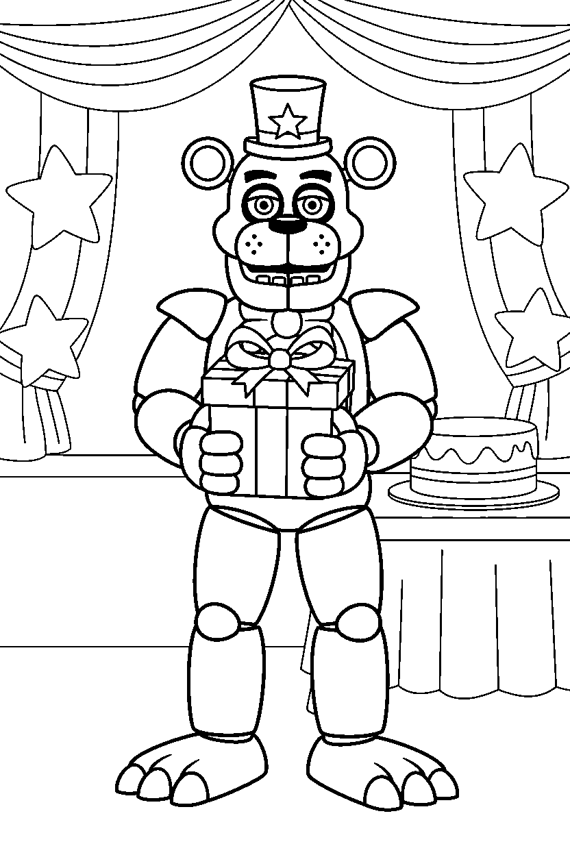 glamrock freddy from five nights at freddy s holding a present inside a cartoon party hall line art