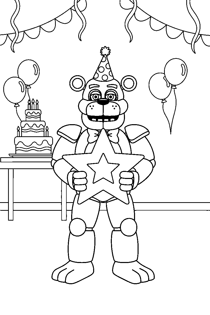 glamrock freddy from five nights at freddy s holding a star in a birthday celebration room line art
