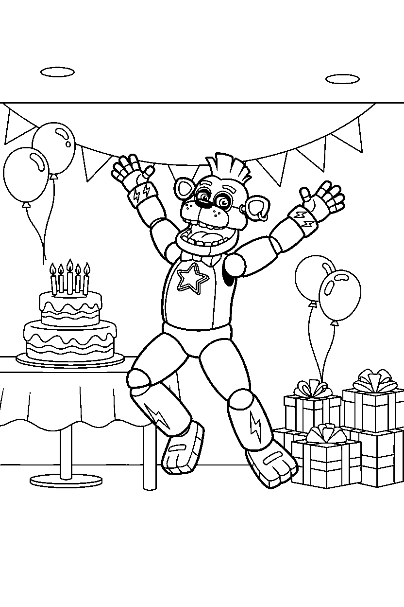 glamrock freddy from five nights at freddy s jumping happily in a birthday celebration room line art