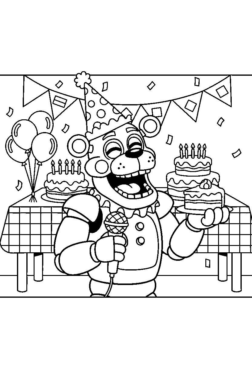 glamrock freddy from five nights at freddy s laughing happily in a birthday celebration room line art