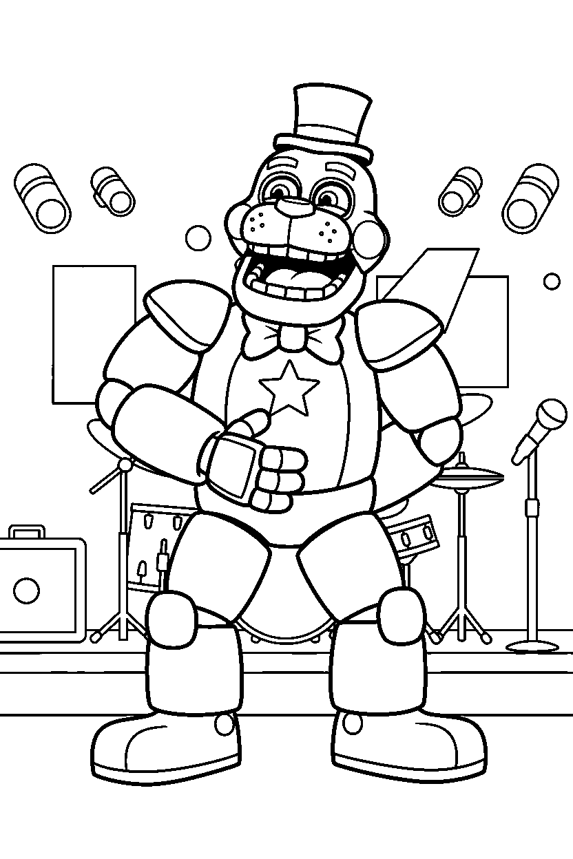 glamrock freddy from five nights at freddy s laughing happily in a show stage area line art