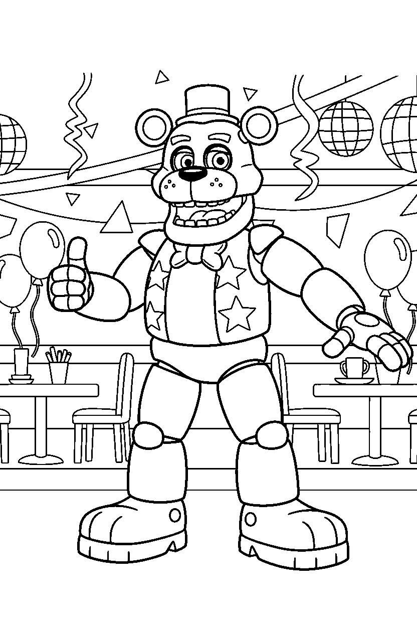 glamrock freddy from five nights at freddy s making a friendly pose in a colorful party hall line art