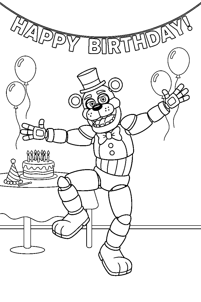 glamrock freddy from five nights at freddy s making a funny pose in a birthday celebration room line art