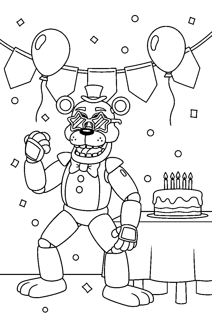 glamrock freddy from five nights at freddy s making a funny pose in a decorated party room line art