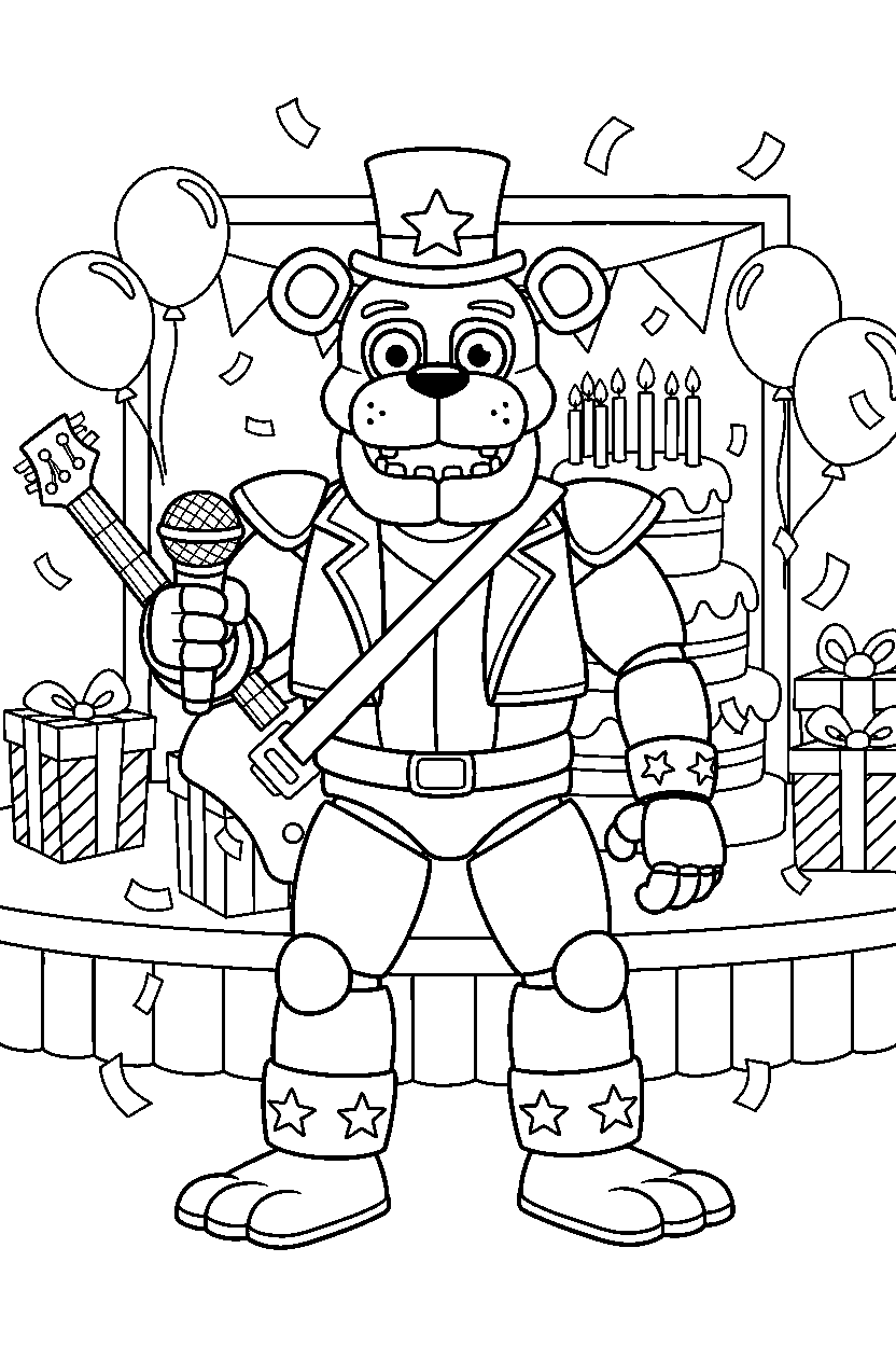 glamrock freddy from five nights at freddy s playing music in a birthday celebration room line art
