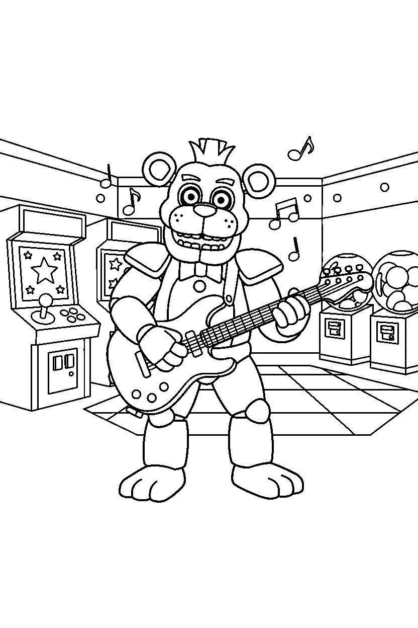 glamrock freddy from five nights at freddy s playing music in a bright game arcade line art