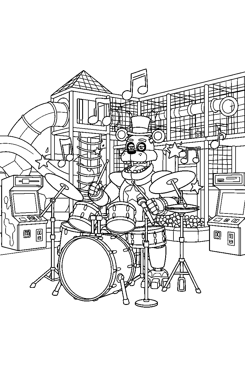 glamrock freddy from five nights at freddy s playing music inside an indoor play area line art