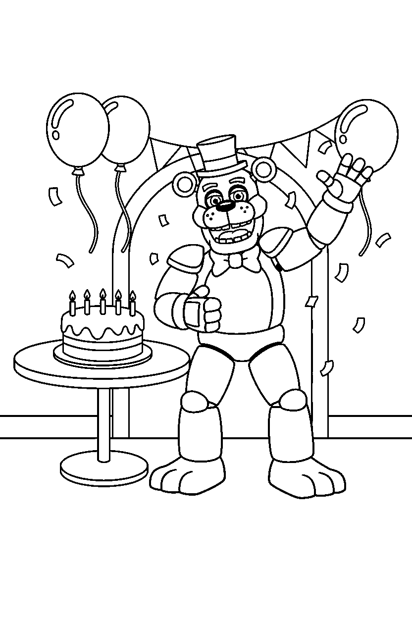 glamrock freddy from five nights at freddy s posing happily in a celebration hall line art