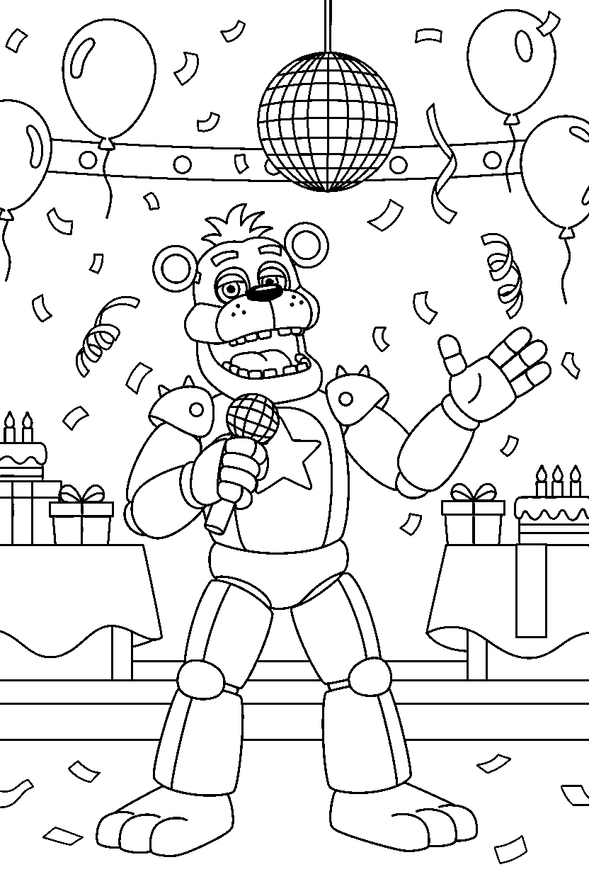 glamrock freddy from five nights at freddy s singing in a bright party room line art