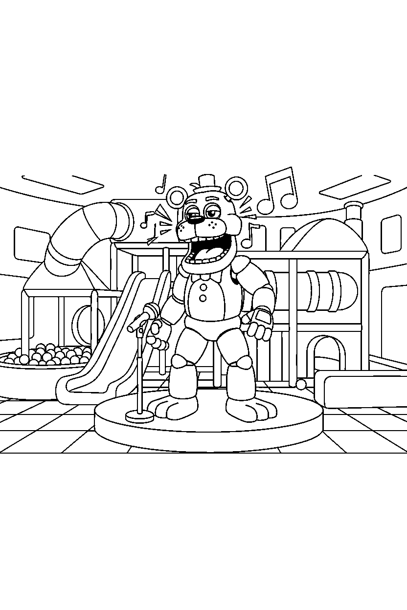 glamrock freddy from five nights at freddy s singing inside an indoor play area line art