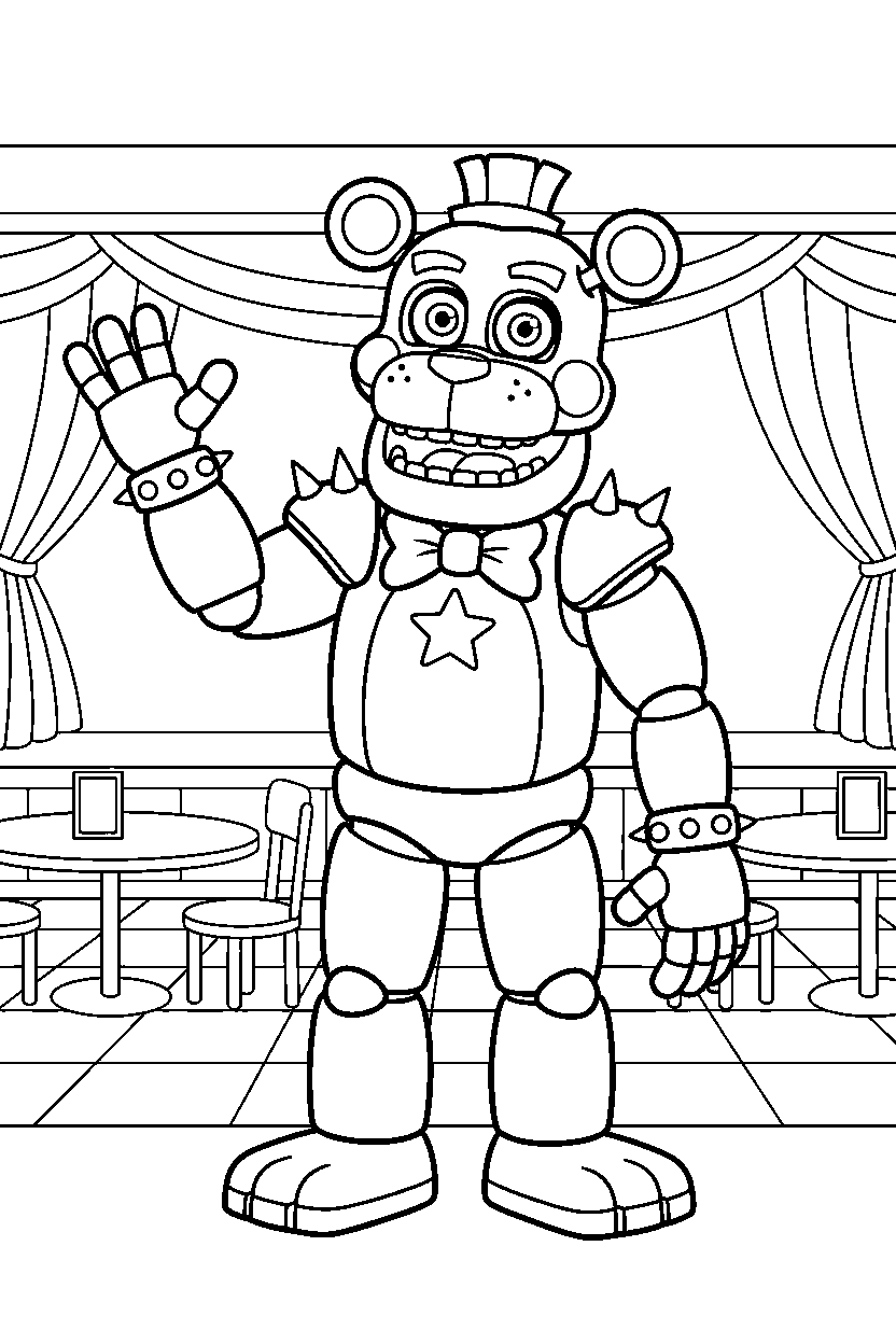 glamrock freddy from five nights at freddy s standing and waving in a pizzeria dining area line art