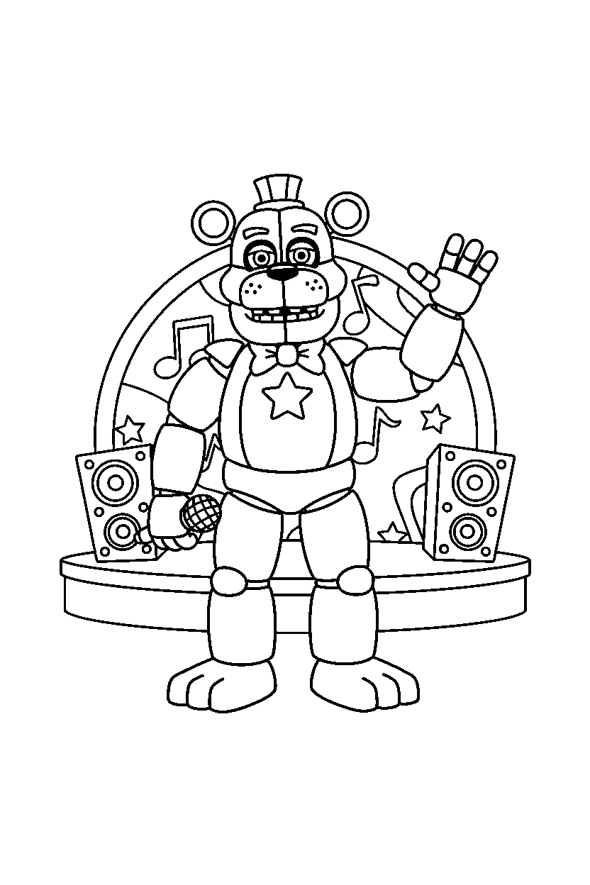 glamrock freddy from five nights at freddy s standing and waving in a show stage area line art