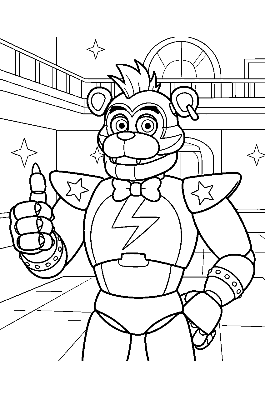 glamrock freddy giving a thumbs up inside the pizzaplex lobby line art