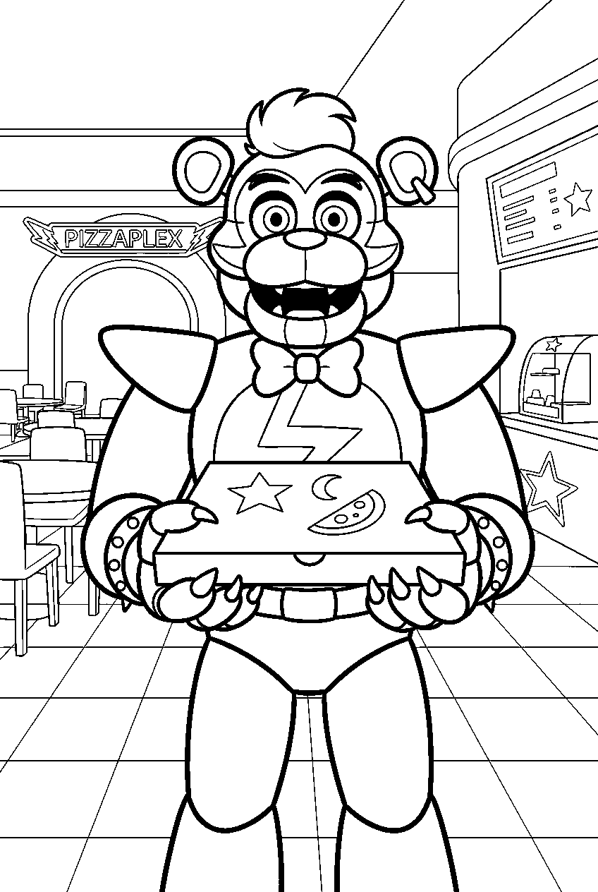 glamrock freddy holding a pizza box inside the pizzaplex food court line art