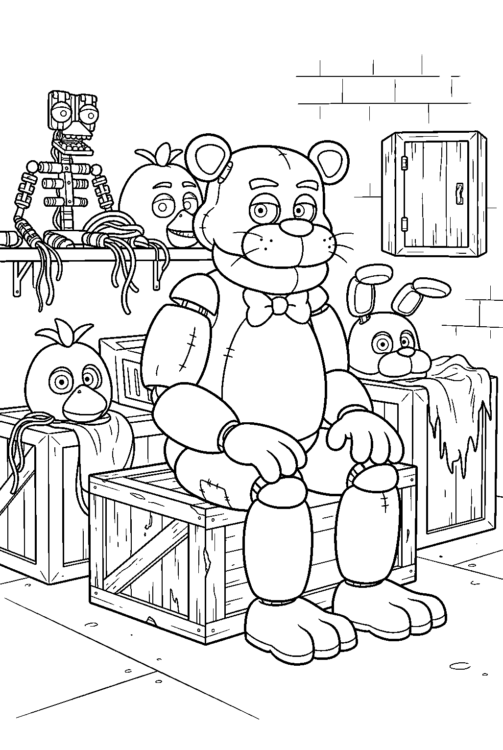 golden freddy sitting quietly among spare costumes in the backstage room line art