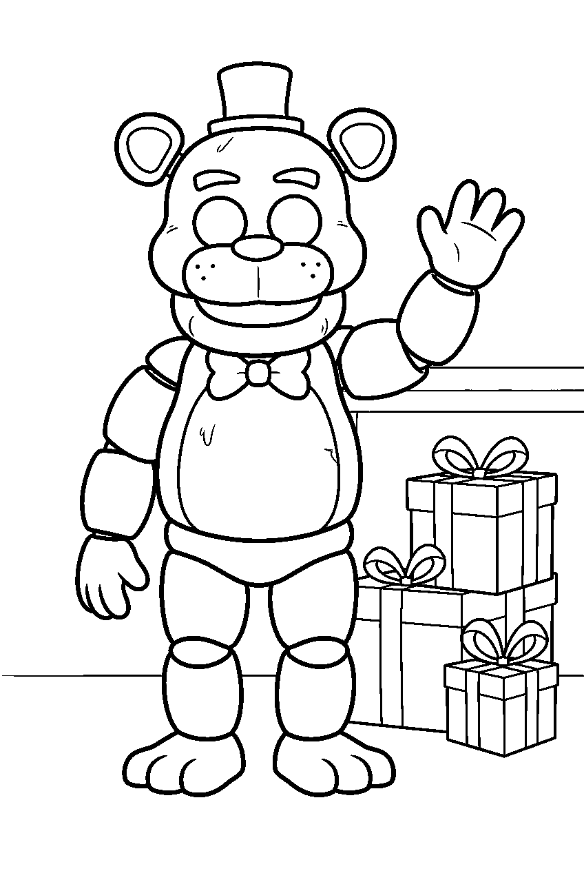 golden freddy waving beside gift boxes in the prize corner line art
