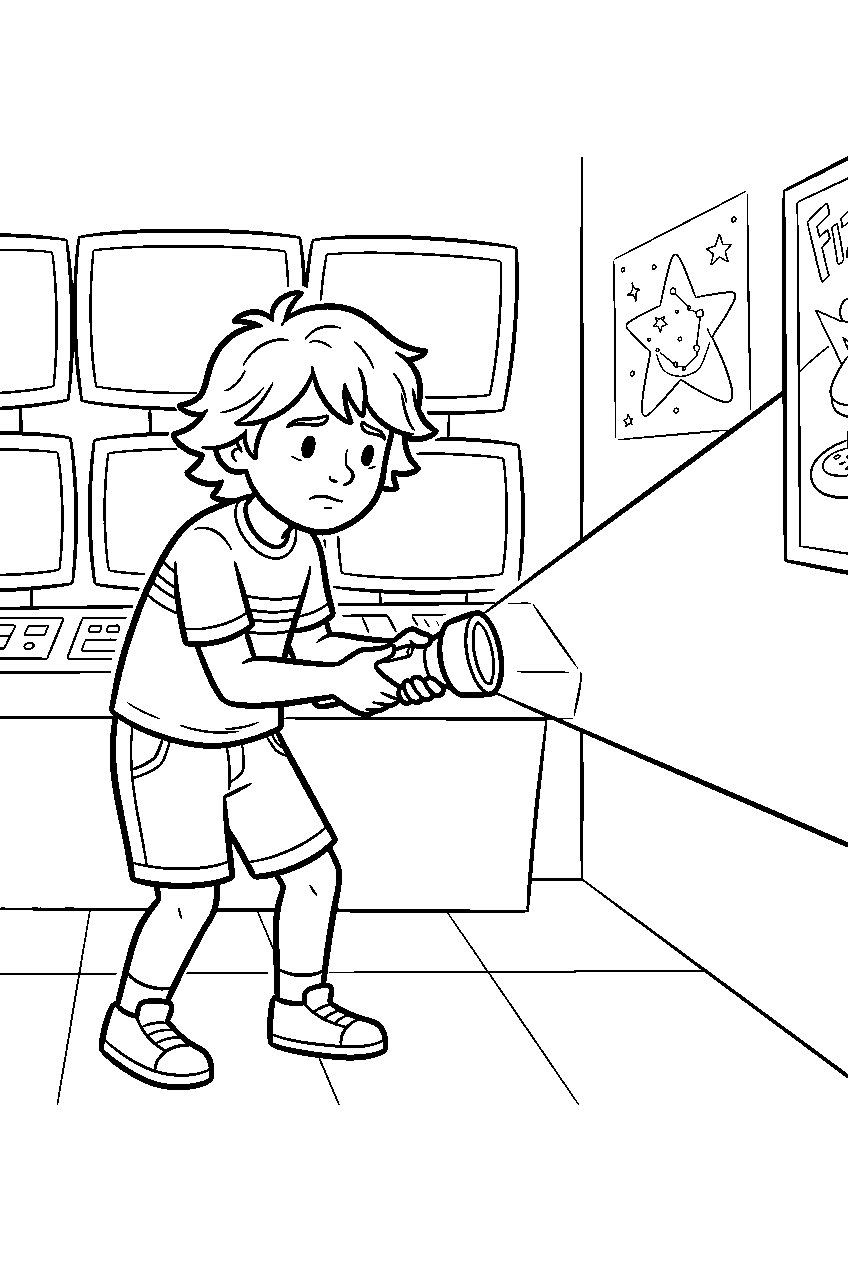gregory shining a flashlight across the pizzaplex security office line art