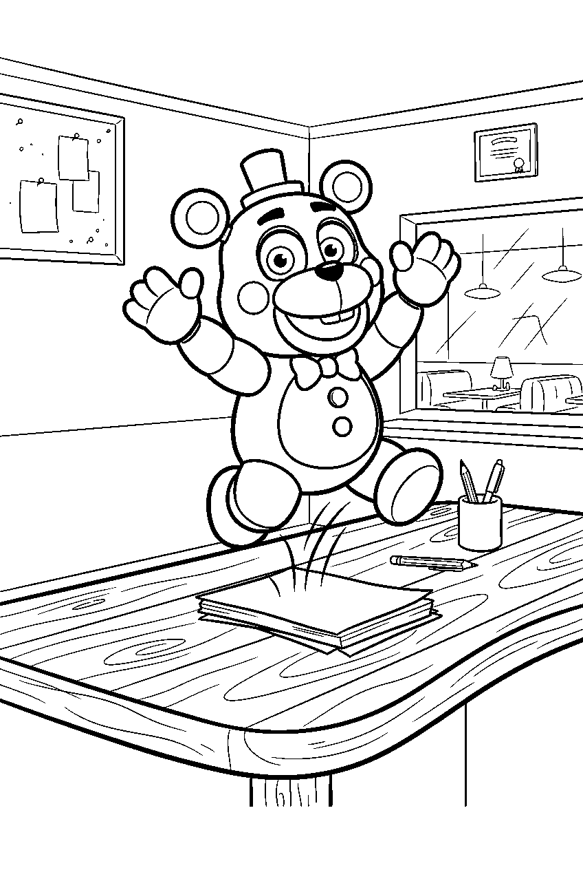 helpy bouncing on a desk inside the bright restaurant office line art