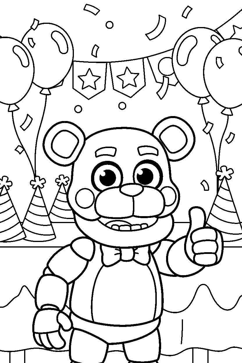 helpy fnaf animatronic giving a thumbs up in a festive event room line art