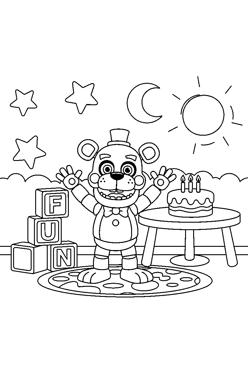 helpy fnaf animatronic waving happily in a decorated playroom line art