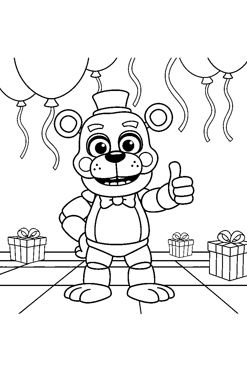 helpy from five nights at freddy s giving a thumbs up in a colorful party hall line art