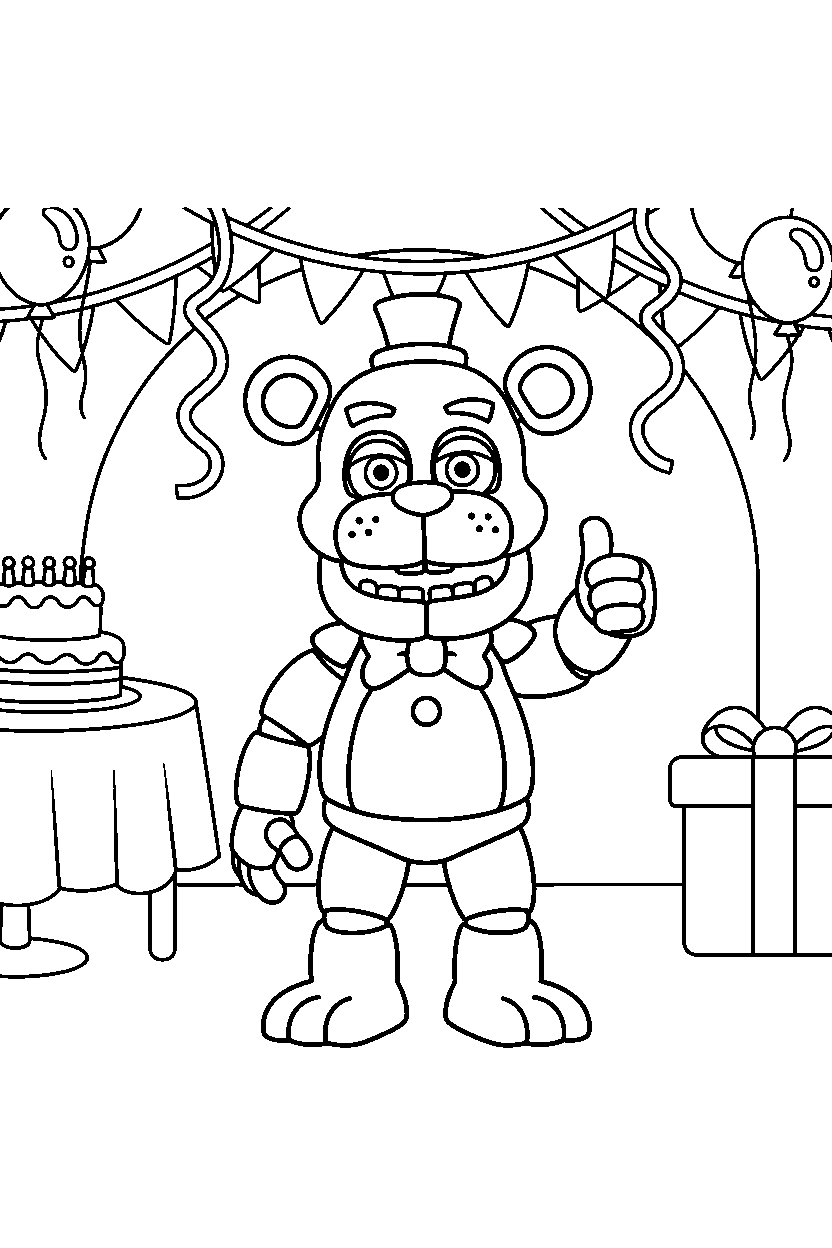 helpy from five nights at freddy s giving a thumbs up in a festive event room line art