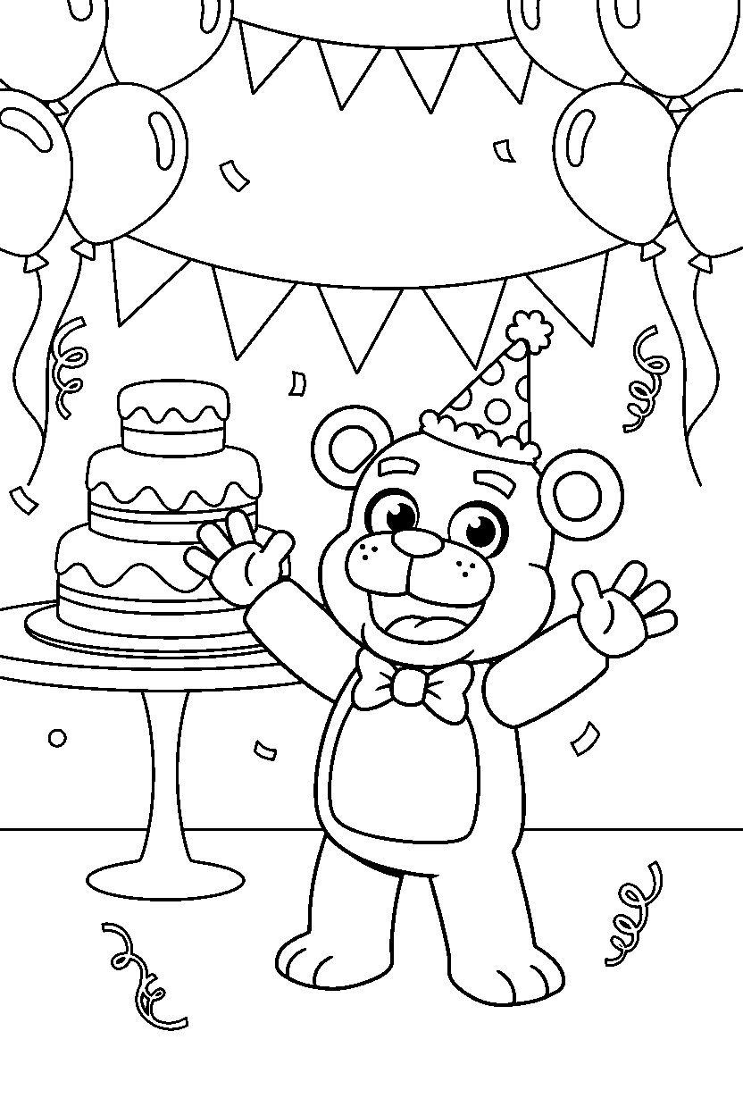 helpy from five nights at freddy s greeting happily in a festive event room line art