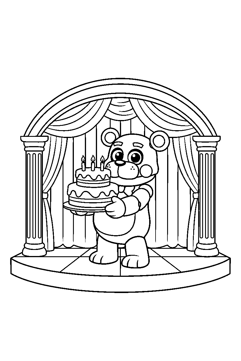 helpy from five nights at freddy s holding a cake on a performance stage line art