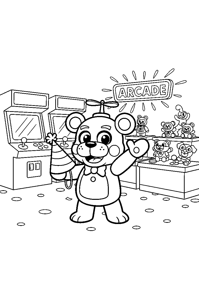 helpy from five nights at freddy s holding a party hat in a bright game arcade line art