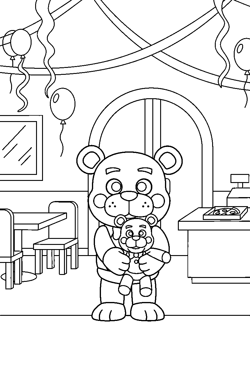 helpy from five nights at freddy s holding a plush toy in a family restaurant line art