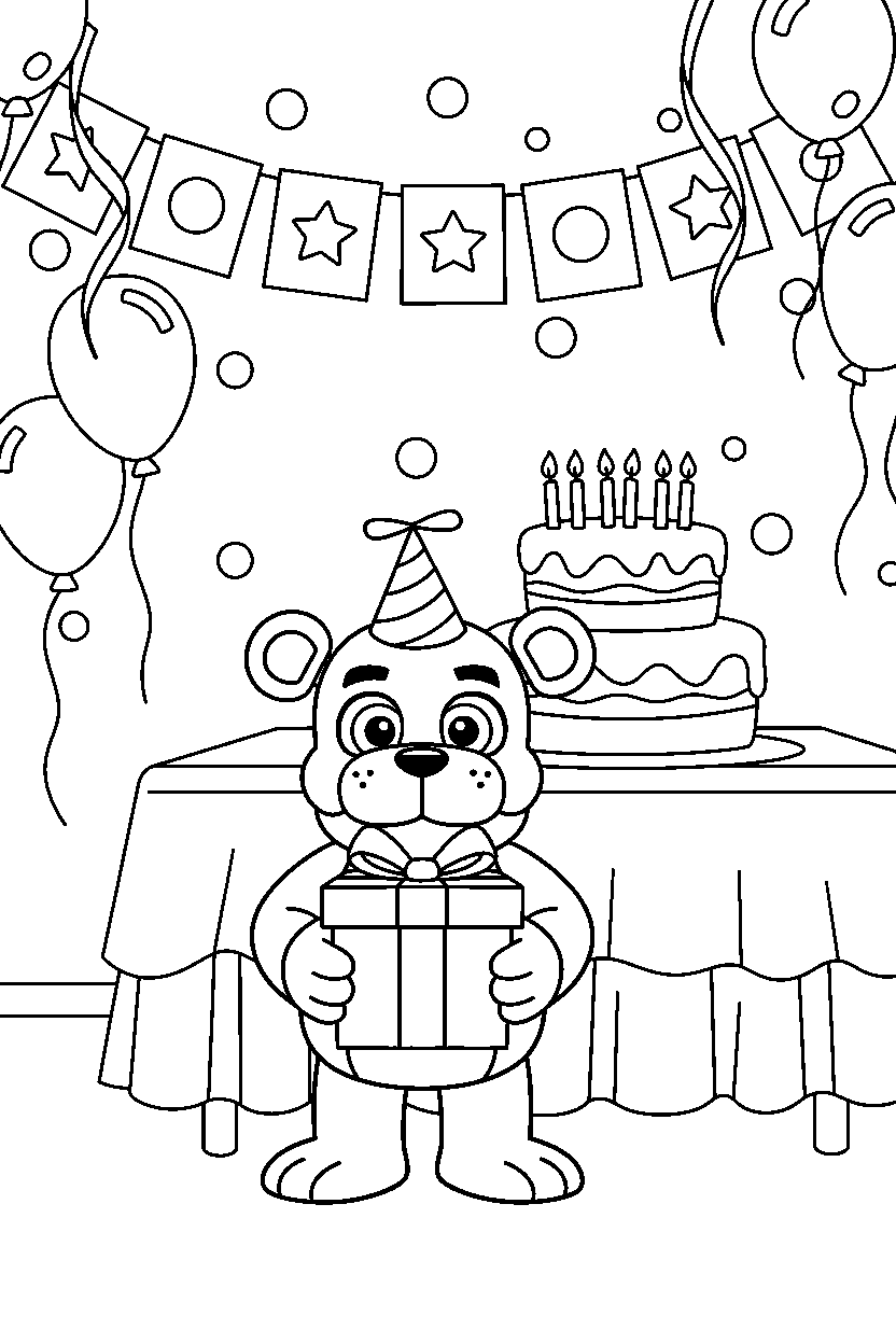 helpy from five nights at freddy s holding a present in a birthday celebration room line art