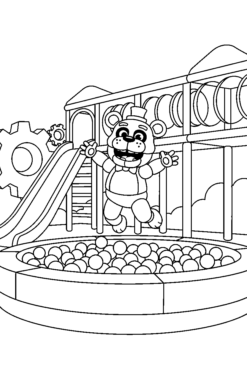helpy from five nights at freddy s jumping happily inside an indoor play area line art