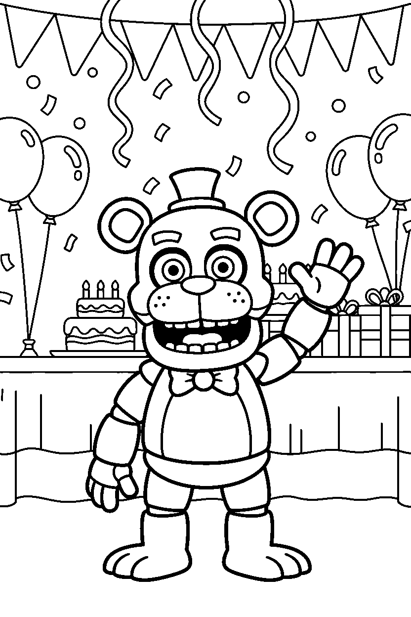 helpy from five nights at freddy s making a friendly pose inside a cartoon party hall line art