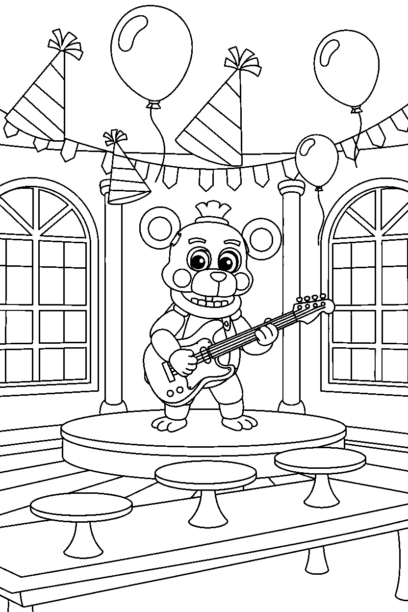 helpy from five nights at freddy s playing guitar inside a cartoon party hall line art