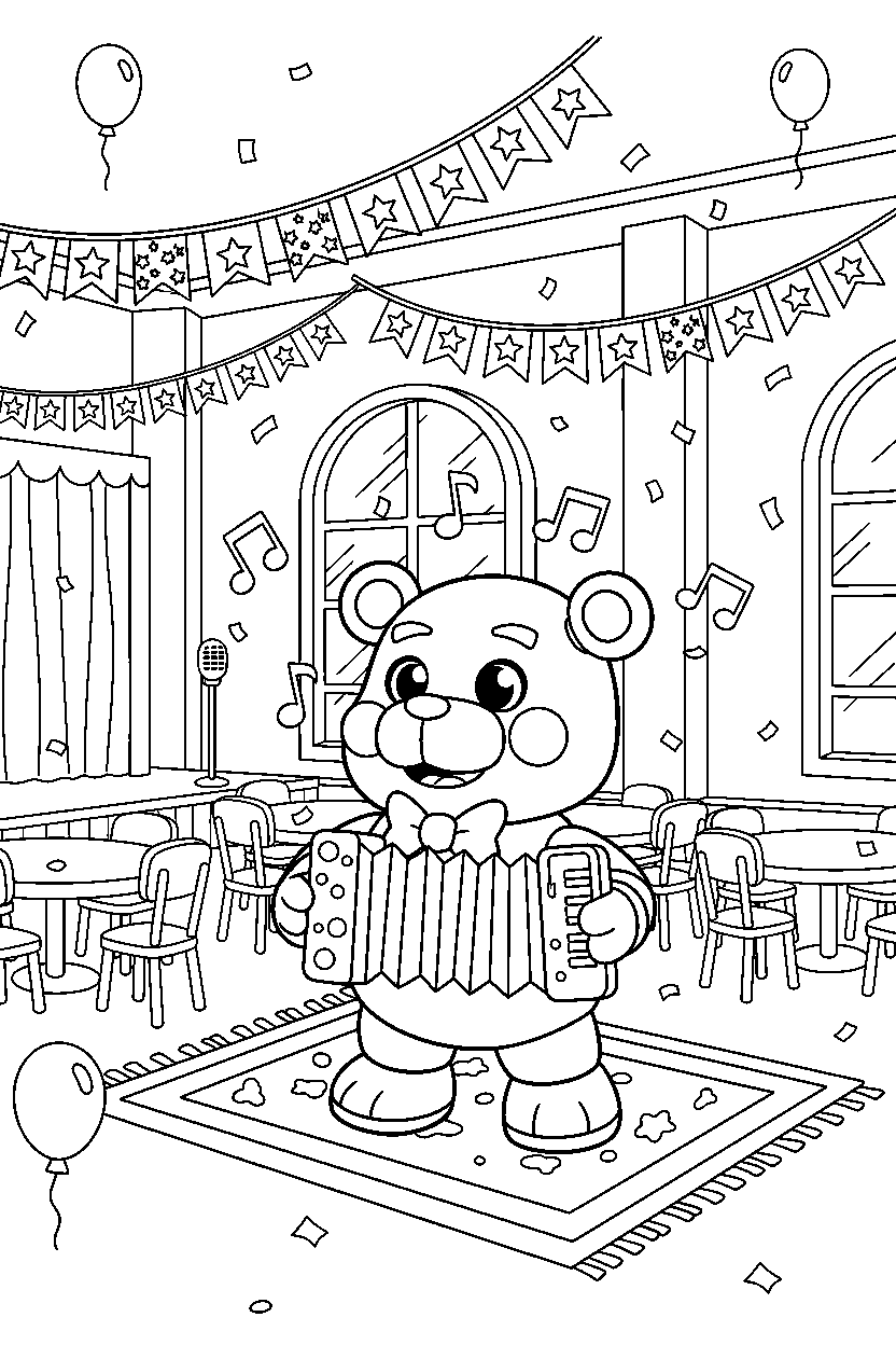 helpy from five nights at freddy s playing music inside a cartoon party hall line art