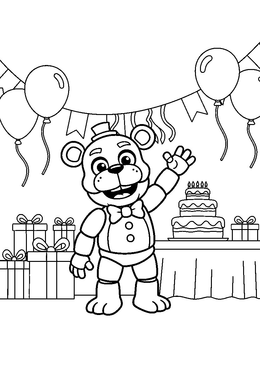 helpy from five nights at freddy s waving happily in a colorful party hall line art
