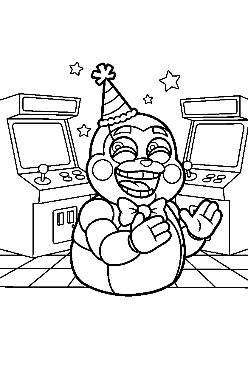 jj fnaf animatronic laughing happily in a bright game arcade line art